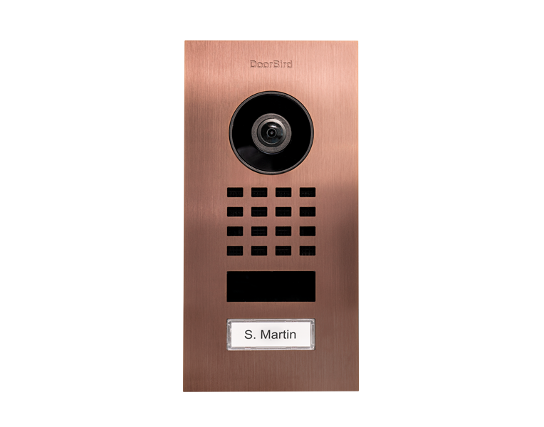 Bronze flush-mount IP video intercom with camera lens, speaker grille, keypad and nameplate