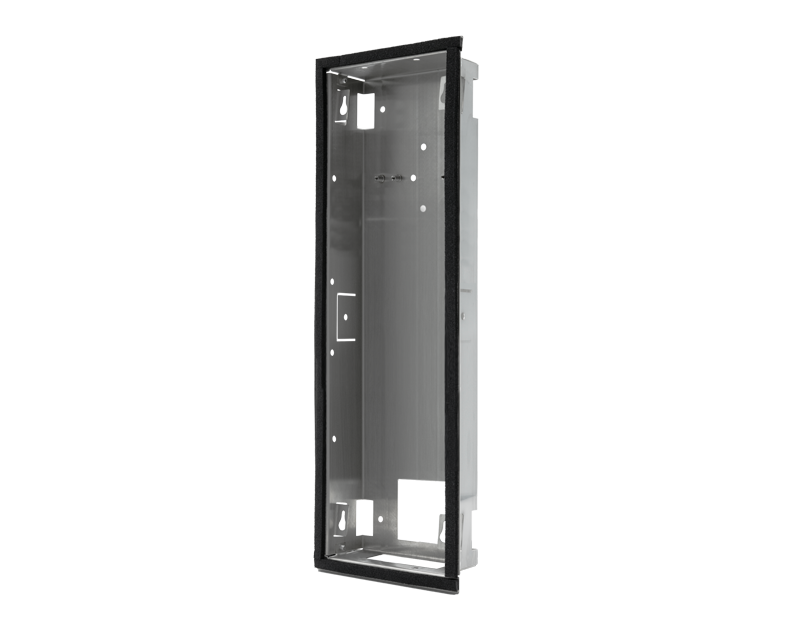 DoorBird flush-mount backbox housing frame, brushed metal with open mounting slots