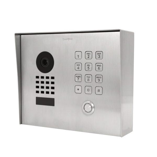 Stainless steel surface-mount video door station with camera, keypad, and call button
