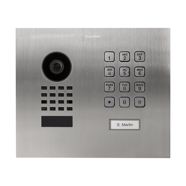 DoorBird stainless steel video door station with camera lens, keypad, and nameplate
