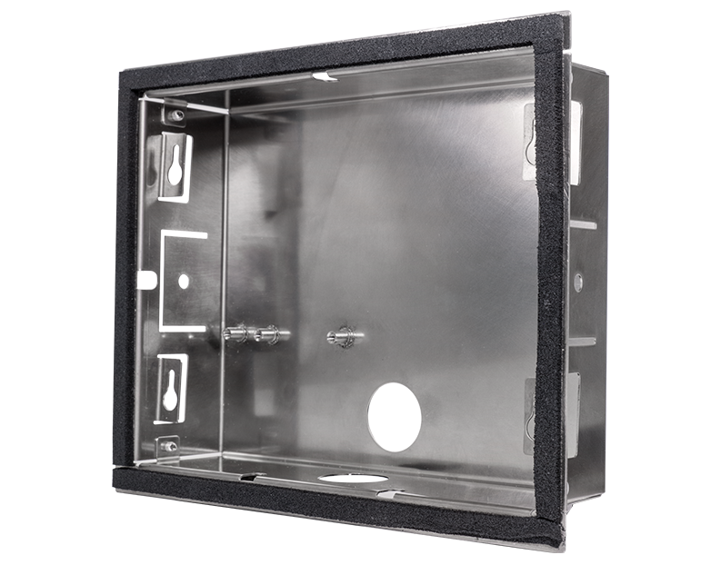 Stainless steel flush-mount backbox housing with open mounting frame and cable cutout