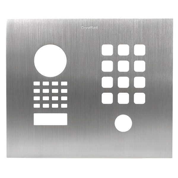 Stainless steel DoorBird doorbell front panel with keypad button grid and call controls