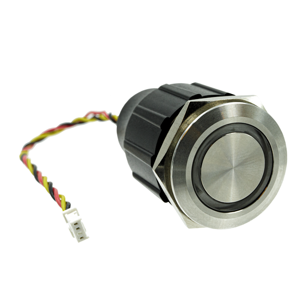 DoorBird stainless steel doorbell button with round metal face and wiring leads