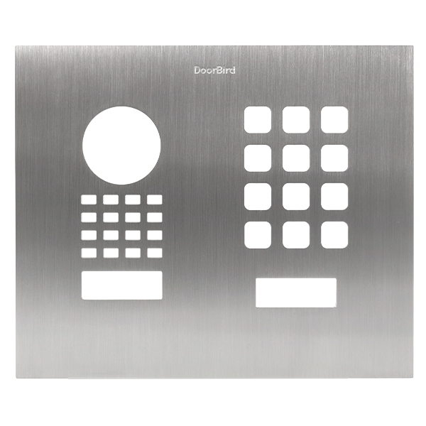 DoorBird stainless steel door entry front panel with keypad, speaker opening, and button grid