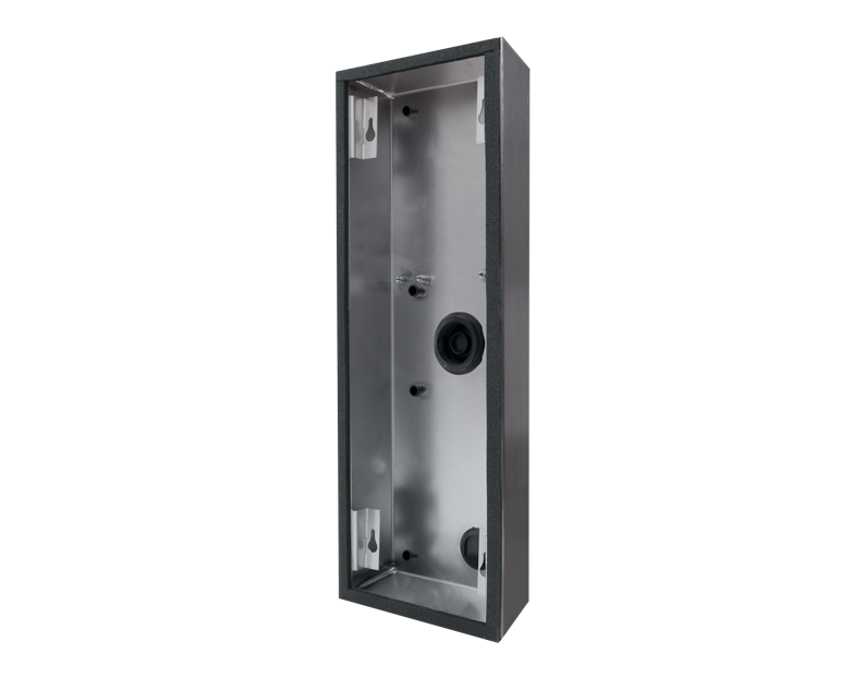 DoorBird titanium surface-mounting backbox housing with mounting holes and cable opening