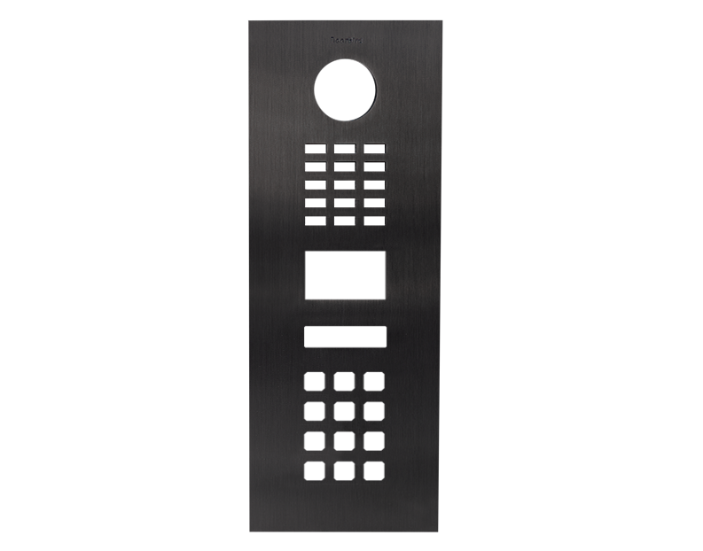 DoorBird titanium front panel with circular speaker hole and grille buttons
