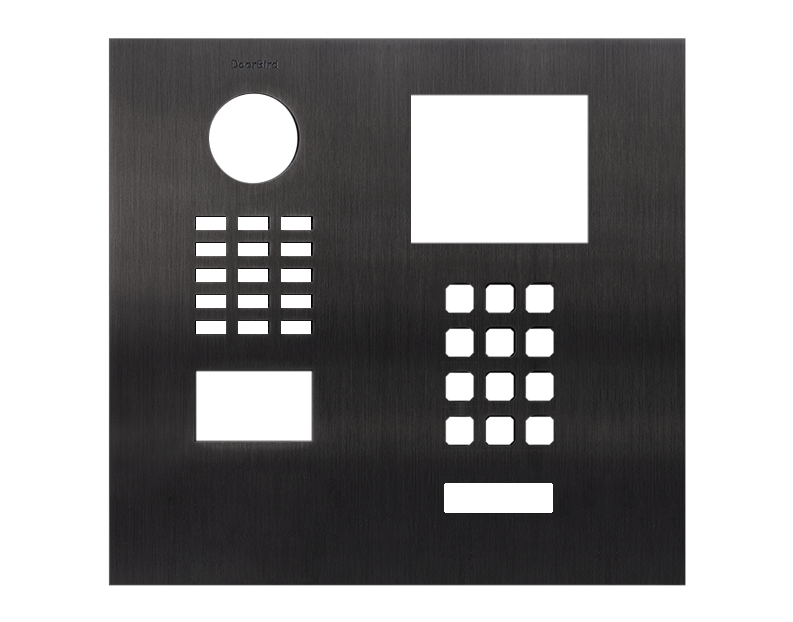 DoorBird titanium front panel with camera lens, keypad grid, and two display cutouts