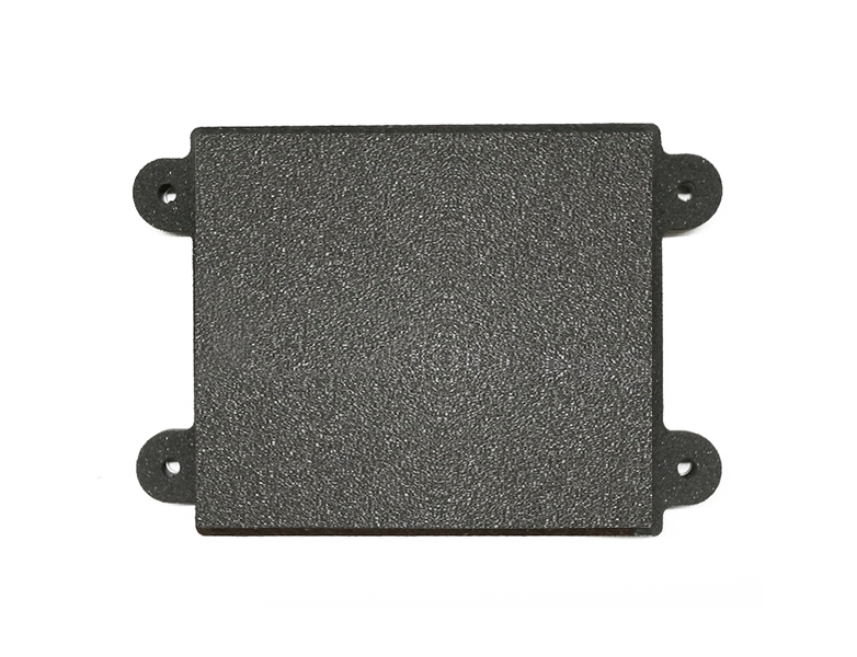 Engravable stainless steel panel with mounting holes, rectangular dark brushed finish