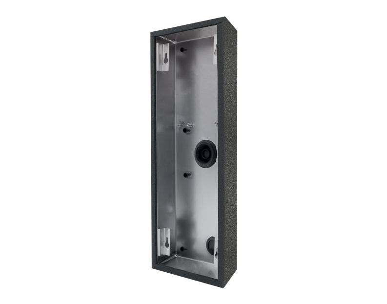 Stainless steel surface-mounting housing backbox, rectangular metal frame with openings