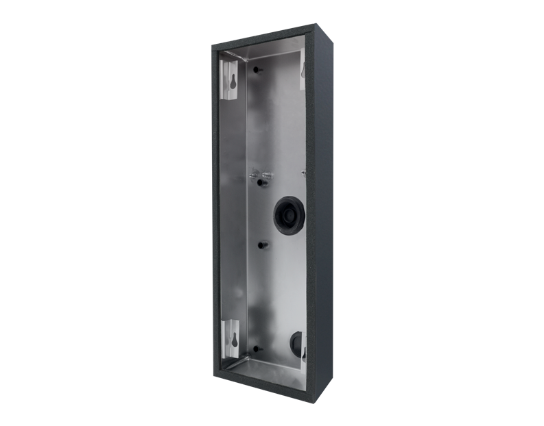 Anthracite grey surface-mount housing backbox frame with mounting holes and cable opening