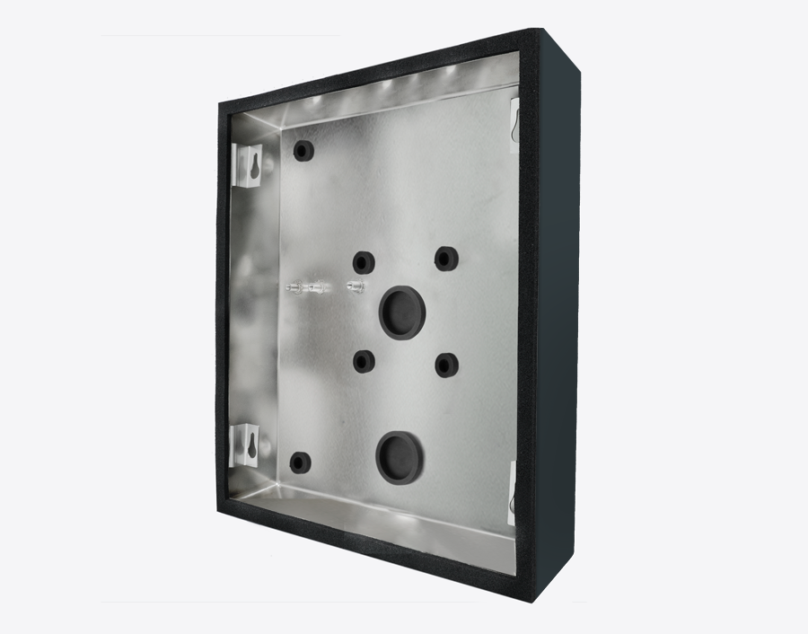 DoorBird D21XKH surface-mount backbox housing in dark anthracite grey, with mounting holes