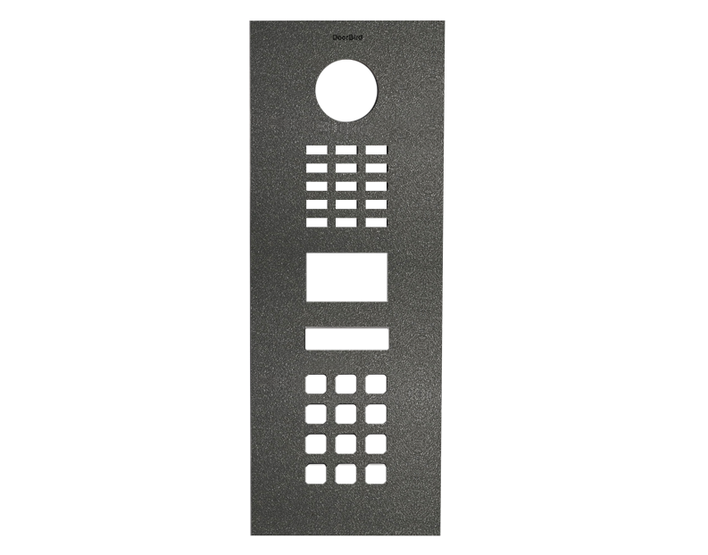 DoorBird stainless steel door front panel with circular camera, keypad, and small display