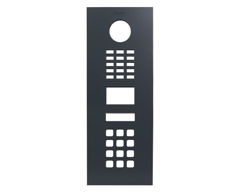 DoorBird D2101KV front panel, anthracite grey, with call buttons and speaker grille.
