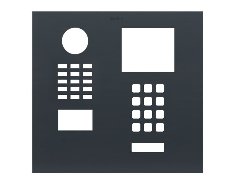 DoorBird anthracite grey front panel with camera window, speaker grille, and button layout