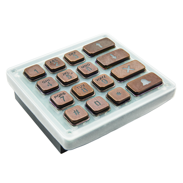 DoorBird keypad module with bronze-colored numeric buttons and light enclosure