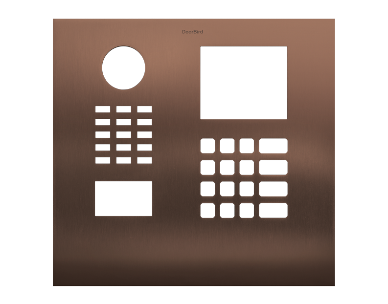 DoorBird bronze front panel with circular port, square opening, and keypad grille