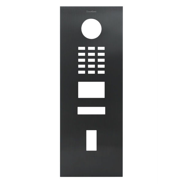 DoorBird titanium front panel with circular camera, keypad, speaker grille, and indicator slot