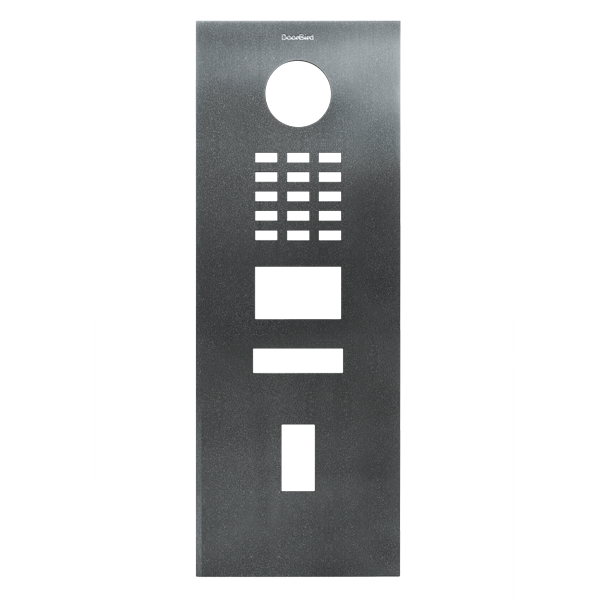 DoorBird stainless steel front panel with speaker hole, keypad grid, and label slot