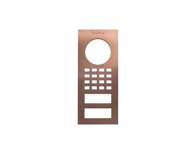 DoorBird bronze front panel with circular lens opening and keypad button array