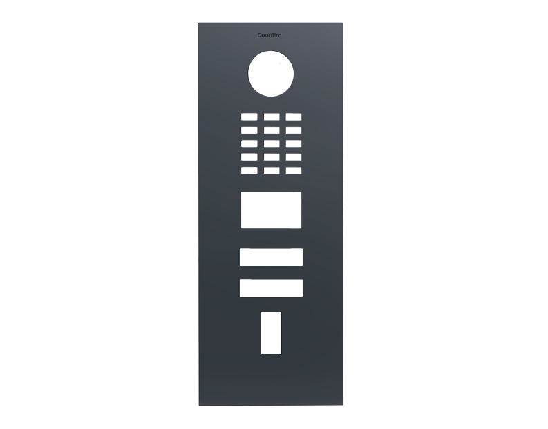 DoorBird intercom front panel in anthracite grey with keypad and circular access module