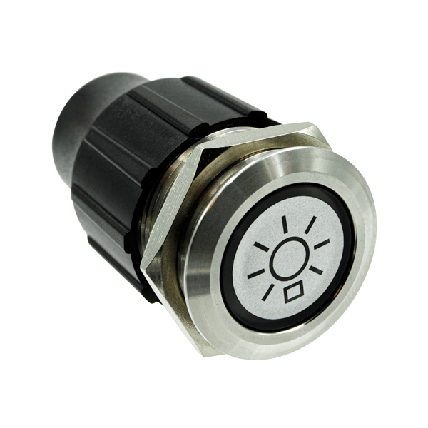 DoorBird round light push button with brushed metal face and sun icon, black surround