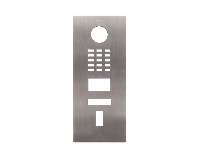 Stainless steel door intercom front panel with circular opening and keypad buttons