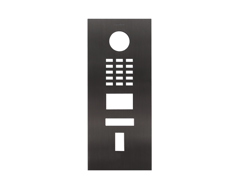 Brushed titanium door access front panel with circular sensor, keypad and display window
