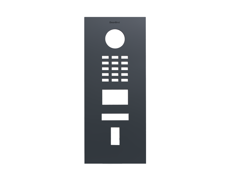 DoorBird front access panel in anthracite gray with keypad, circular port, and card slot.