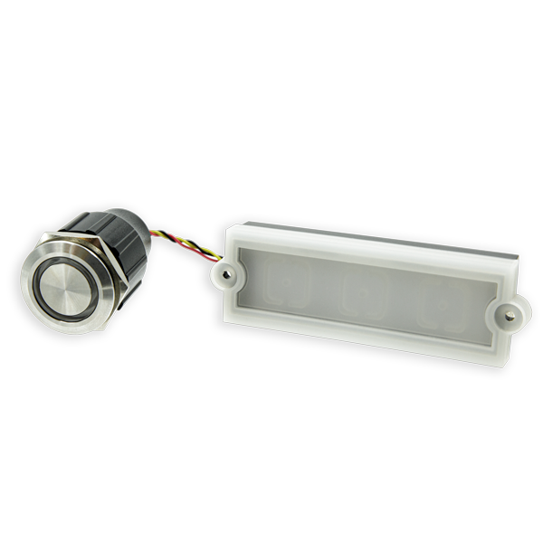 Illuminated round stainless steel call button with separate backlit nameplate