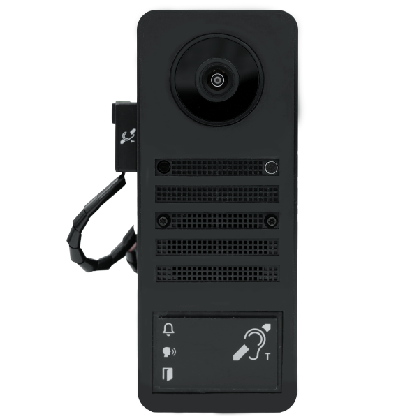 DoorBird IP video door station with black faceplate, camera lens, and speaker grille ports