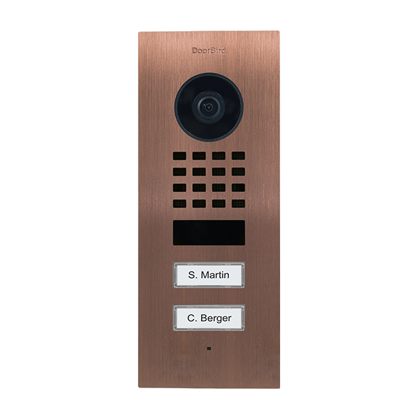 Bronze flush-mount video door station with camera lens, keypad, and two name buttons