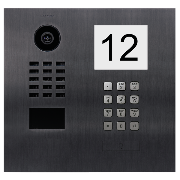 Titanium IP video door station with camera lens, keypad, and 12 call button