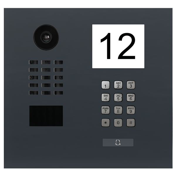Anthracite grey video door station with camera, keypad, and call indicator '12'.