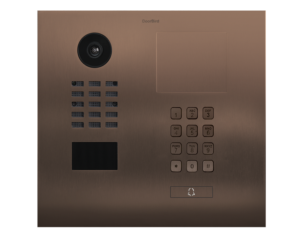 Bronze IP video door station with camera lens, keypad, and call button array