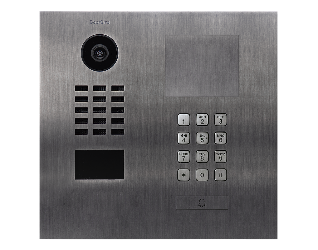 Titanium IP video door station with camera, keypad, and call speaker grille