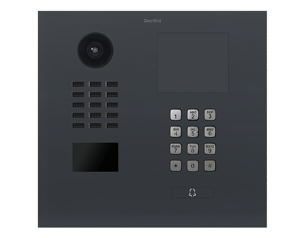 DoorBird IP video door station in anthracite grey with camera, keypad, and call button
