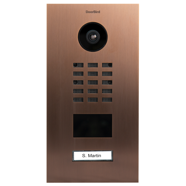 Bronze DoorBird IP video door station with camera lens, keypad grid, and call display