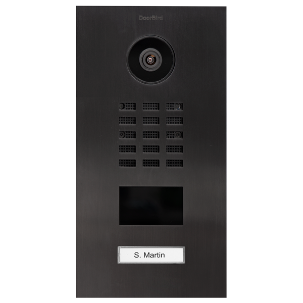 Titanium IP video door station with camera lens, speaker grille, and call button label