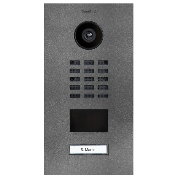 DoorBird stainless steel video door station with camera lens, call buttons, and nameplate