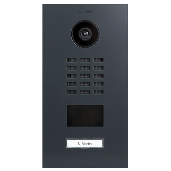 Anthracite grey video door station with camera, keypad and nameplate