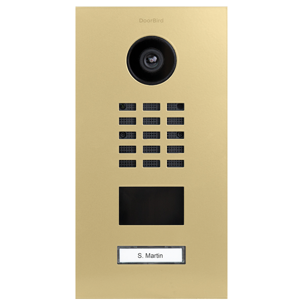 Beige DoorBird IP video door station with camera lens, call keypad, and nameplate