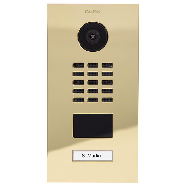 Brass IP video door station with camera lens, call keypad grid, and nameplate