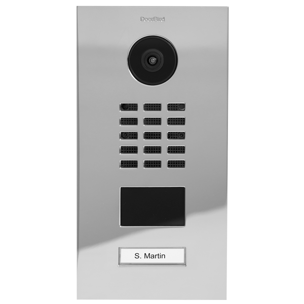Chrome IP video door station with round camera, keypad buttons, and name label