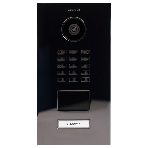 DoorBird titanium IP video door station with camera lens, keypad, and call button