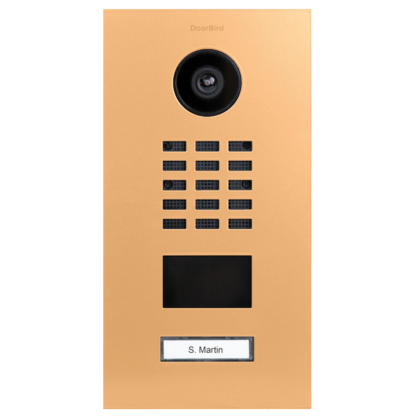Saffron yellow IP video door station with camera lens and call button keypad