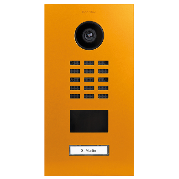 DoorBird IP video door station in sun yellow with camera lens, button keypad, and name plate