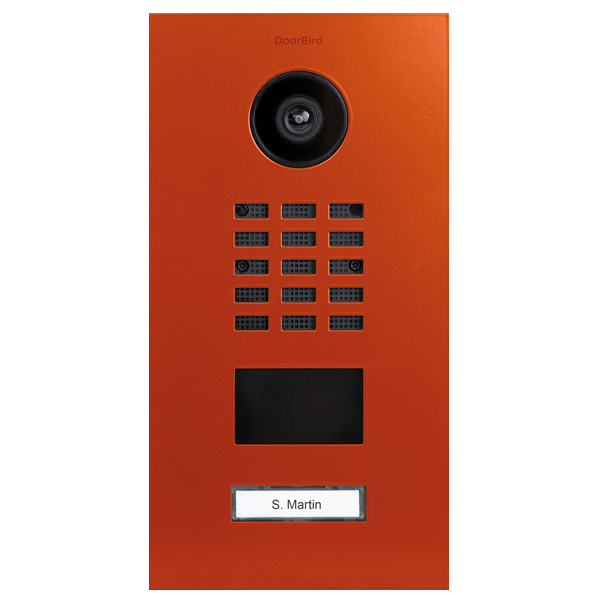 DoorBird IP video door station in pure orange, call button panel and camera