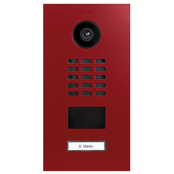 Flame red video door station with camera lens, call button grid, and nameplate