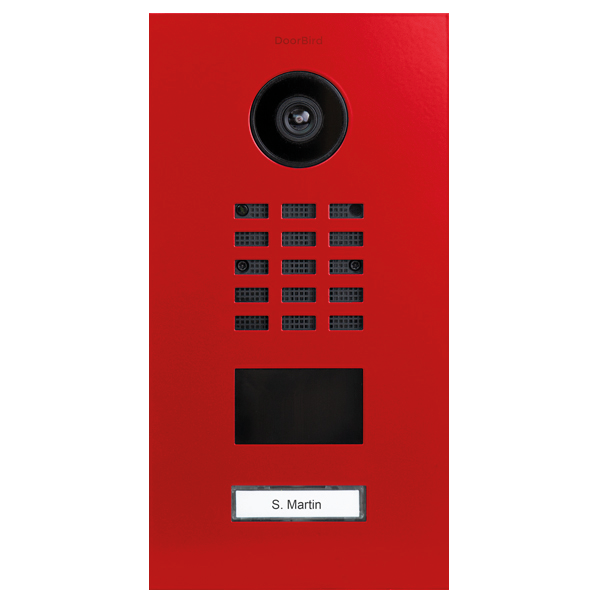 DoorBird video door station in pure red with camera lens, call buttons, name plate