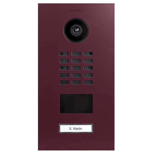 DoorBird video door station in claret violet with camera lens, keypad, and display
